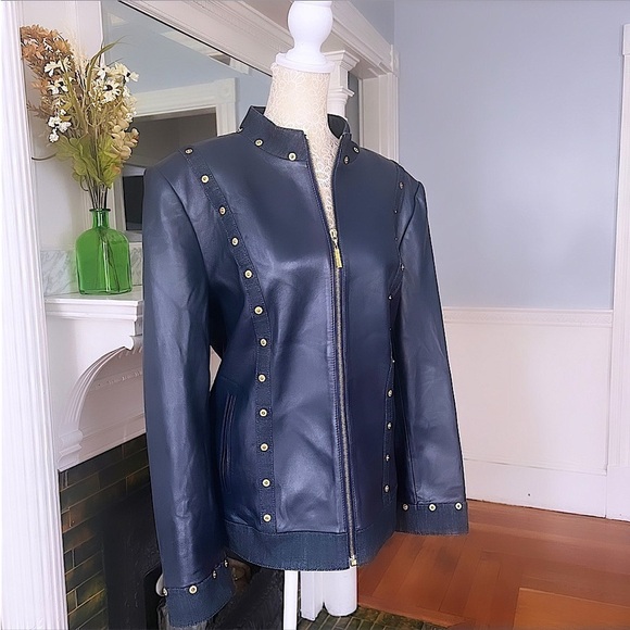 ST JOHN SPORT Navy Blue Lambs Leather & Denim Trim Zip Up Leather Jacket Size L - Picture 2 of 14